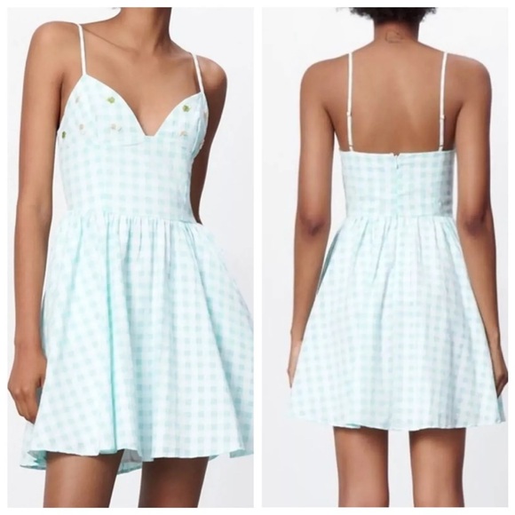 Zara Dresses & Skirts - Zara Floral Beaded Gingham Fit and Flare Mini Dress SZ S NWT